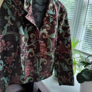Sophisticated Floral Paisley brown turquoise tapestry zip Jacket size XL Office